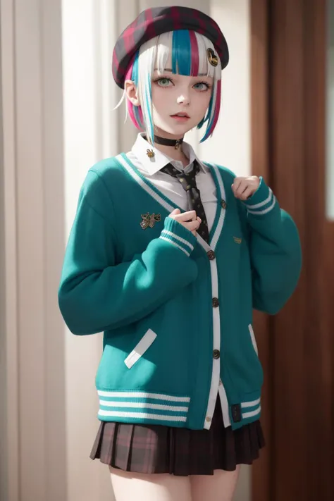 best quality, masterpiece, 1girl, solo, <lora:waccaLily-000100:0.9>, red gradient streaked hair, short hair, white hair, lily (wacca), black beret, plaid skirt, choker, cyan sweater jacket, collared shirt, black plaid necktie, sleeves past fingers, blunt bangs