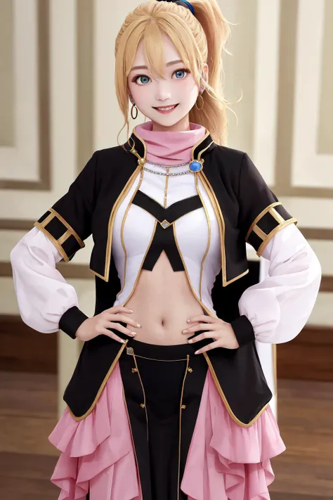 masterpiece, best quality, highres, 1girl lowa ponytail earrings hair scrunchie, pink turtleneck black capelet white shirt jewelry white sleeves long sleeves navel cutout black skirt pink frills <lora:lowa:1> standing, hand on hip, smile, parted lips
