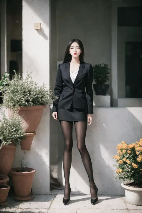 (nikon RAW photo, 8k, Fujifilm XT3), (photorealistic:1.3),1girl, solo, long hair, skirt, black hair, jewelry, standing, jacket, indoors, black footwear, high heels, cup, black jacket,(black pantyhose), plant, potted plant, perfect anatomy, slender, realistic, afternoon sun, warm, nostalgia,best quality, exquisite details, high-resolution, 85mm film, timeless elegance. portrait photography, 35mm film, natural blurry <lora:h2iai_fullshot_v1:0.85> <lora:FilmVelvia:0.4>