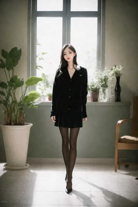 (nikon RAW photo, 8k, Fujifilm XT3), (photorealistic:1.3),1girl, solo, long hair, skirt, black hair, jewelry, standing, jacket, indoors, black footwear, high heels, cup, black jacket,(black pantyhose), plant, potted plant, perfect anatomy, slender, realistic, afternoon sun, warm, nostalgia,best quality, exquisite details, high-resolution, 85mm film, timeless elegance. portrait photography, 35mm film, natural blurry <lora:h2iai_fullshot_v1:0.85> <lora:FilmVelvia:0.4>