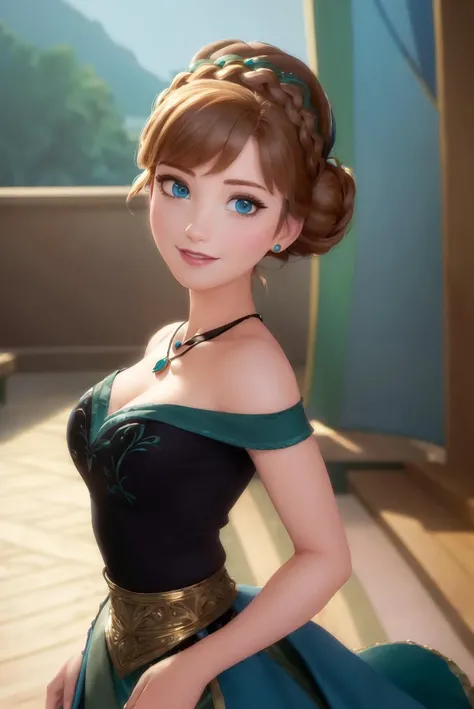 (masterpiece:1.4), (best qualit:1.4), (high resolution:1.4), anna of arendelle, blue eyes, bare shoulder, black bodice, green puffy skirt, necklace, updo, looking at viewer, smile,