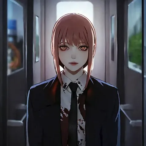 <lora:Makima:1>,makima \(chainsaw man\),  white shirt, black suit, ((back light)), pink hair, close-up, real eyes, orange eyes, detailed eyes, realistic, highres, ((photorealistic)), <lora:epi_noiseoffset2: 0.4>, [background:0.7], depth of field,  soft_light, film grain,  cinematic film still,  pureerosface_v1, no makeup, <lora:luts:0.7>, <lora:yameroyandere-v2:0.9>,  <lora:add_detail:-0.7>,  eyes half-closed eyes, blood on clothes,   <lora:spiralwashv2_1544:1>, (orange-spiralwash-eyes),