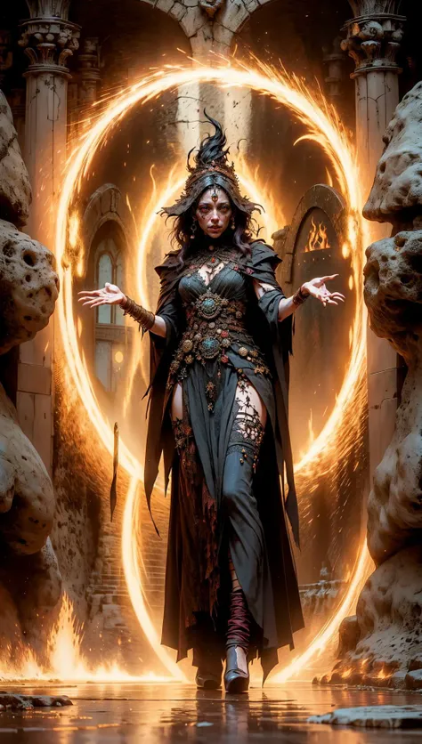 evil Sorceress standing by a demonic (portal:1.4) opening an inter dimensional portal to the gates of hell,hellfire, flames, chaotic energy, <lora:derpd - DerpdeedooStyle:0.7> <lora:Inter_Dimensional_Portal:0.6> <lora:fantasyV1.1:0.7> <lyco:EnvySorceress:0.8>