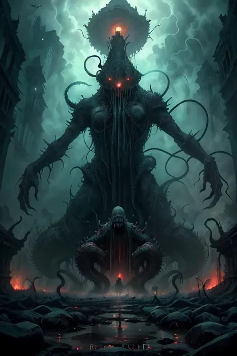 (8k, RAW photo, best quality, masterpiece:1.2),ultra realistic, photo realistic,absurdres, sharp focus, hyper detailed,cinnamatic lighting, dark asthetic environment, solo, white background, full body, monster, rune etched stone pillars, ancient city in jungle background deep underground, ruins, broken stone, standing, tentacles,multiple arms, multiple eyes, eldritch abomination, Towering above a (silhouette:1.2) of 1 man holding a lamp up above his head, misty,Over grown buildings, fog, horror, abyse, deep shadows, green glow, DarkFantasy:0.6,<lora:Cthulhu_monster:0.5> ,<lora:WLOP1:0.5>