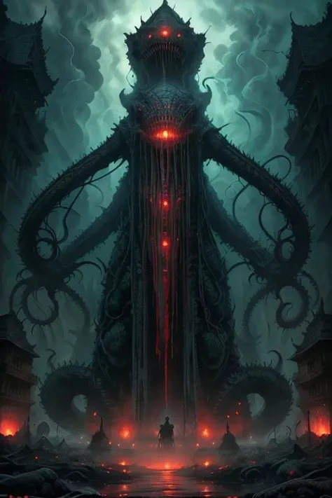 (8k, RAW photo, best quality, masterpiece:1.2),ultra realistic, photo realistic,absurdres, sharp focus, hyper detailed,cinnamatic lighting, dark asthetic environment, solo, white background, full body, monster, rune etched stone pillars, ancient city in jungle background, standing, tentacles,multiple arms, multiple eyes, eldritch abomination, Towering above a (silhouette:1.2) of 1 man holding a lamp up above his head, misty,Over grown buildings, fog, horror, abyse, deep shadows, green glow, DarkFantasy:0.6,<lora:Cthulhu_monster:0.5> ,<lora:WLOP1:0.5>