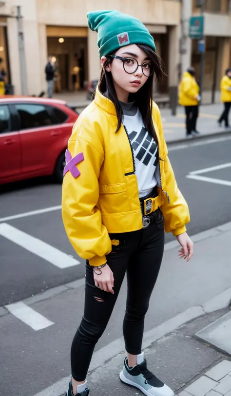 killjoy,green beanie, round glasses, yellow jacket, grey shirt, belt, black pants, torn clothes, sneakers,Nanoswarm grenade,Alarmbot,TurretLockdown <lora:killjoy-nvwls-v1:1>
