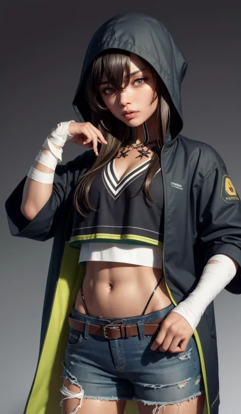 origin, shorts, bandages, torn pantyhose, hood, midriff, crop top, jacket <lora:flint-pynoise:1>