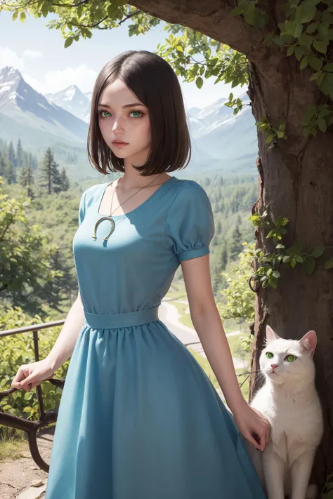 ((masterpiece)), (best quality), official art, highly detailed, detailed background, photorealistic,
1girl, solo, mcgeealice, expressionless, green eyes, blood on clothes, bob cut,
dress, jewelry, necklace, sexy pose,
cowboy shot,
mountains, stream, tree, a cat, blood on ground,
<lora:americanmcgee_alice:1>