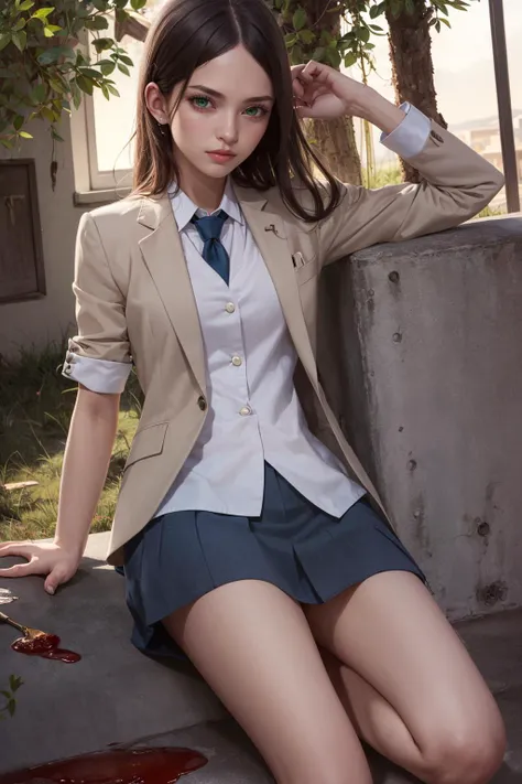 ((masterpiece)), (best quality), official art, highly detailed, detailed background, photorealistic,
1girl, solo, mcgeealice, green eyes, blood on stomach, long hair, school uniform,(blazer:1.5),
jacket, ne, shirt, miniskirt, barefoot,
cowboy shot,
a cat, blood on ground,
<lora:americanmcgee_alice:0.9>