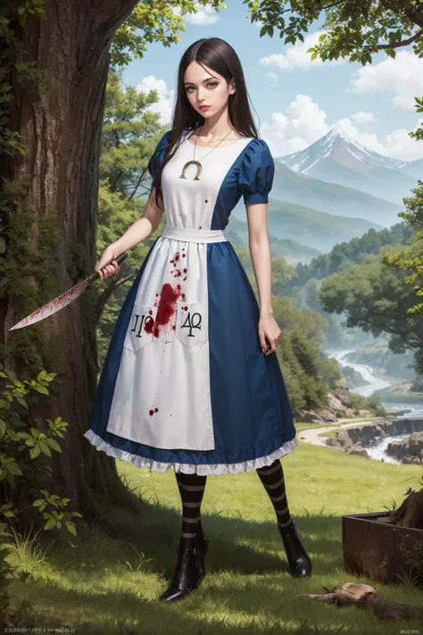 ((masterpiece)), (best quality), official art, highly detailed, detailed background, photorealistic,
1girl, solo, mcgeealice, expressionless, green eyes, blood on clothes,
holding knife, dress, apron, striped pantyhose, jewelry, necklace,
full body,
mountains, stream, tree,
<lora:americanmcgee_alice:1>