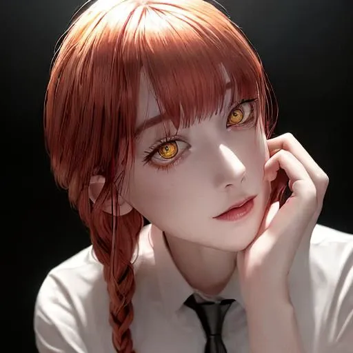 masterpiece, (photorealistic:1. 4), best quality, beautiful lighting, (ulzzang-6500:0. 4), makima \(chainsaw man\), (red hair)+(long braided hair)+(bangs), yellow eyes, golden eyes, (ringed eyes), (white shirt), (necktie), RAW photo, 8k uhd, film grain, <lora:makima_offset_small:1> nsfw, makima \(chainsaw man\), best quality, ultra detailed, 1girl, solo, standing, red hair, long braided hair, golden eyes, bangs, medium breasts, white shirt, necktie, stare, smile, (evil:1. 2), looking at viewer, (interview:1. 3), (dark background, chains:1. 3) <lora:makima_offset_small:1>, big lips, golden halo over head, realistic light, hdr, masterpiece, (photorealistic:1. 4), (ringed iris in eyes)
