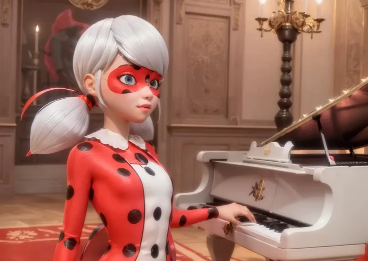 1 girl,eldmeisterOG, ((masterpiece, sidelighting, beautiful eyes: 1.2), ultra-detailed, ultra high res, professional lighting, high quality makeup, beautiful detailed eyes), (best-quality:0.8), perfect anime illustration, beautiful, full body, <lora:marinette-10:0.6>, <lora:ladybug:0.5>, ladybug outfit, ladybug costume, red and black mask, playing the piano, a girl playing the piano, baroque style,red dress, old baroque clothes, (clasical white wig:1.7), (frizzy hair:1.5) , (curly hair:1.5),Marinette as johann sebastian bach
