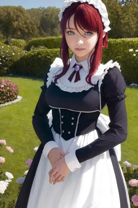 masterpiece, best quality, highres, 1girl ilia coral, mob cap maid apron dress frills long sleeves <lora:ilia_coral:1> standing, (photorealistic:1.2)