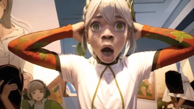<lora:mahonest-01:1> hands on head, best quality, masterpiece, beautiful illustration, realistic, very detailed, 1girl,<lora:Nahida:1>,nahida_genshin,cross-shaped pupils,white hair, stylish posture,dynamic,genshin impact,