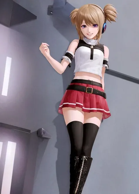 Harem_Hotel_ash, 1girl, solo, purple eyes, smile, blond hair, brown hair, short twintails, Vocaloid headset, midriff-baring top, flared skirt, detached arm sleeves, thigh-high stockings, knee-high boots, and futuristic accessories, <lora:Harem_Hotel_ash-10:0.6>,