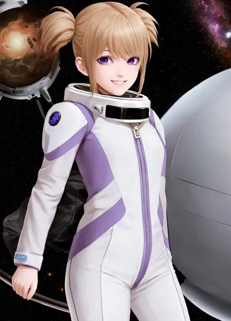 Harem_Hotel_ash, 1girl, solo, purple eyes, smile, blond hair, brown hair, short twintails, spacesuit, <lora:Harem_Hotel_ash-10:0.6>,
