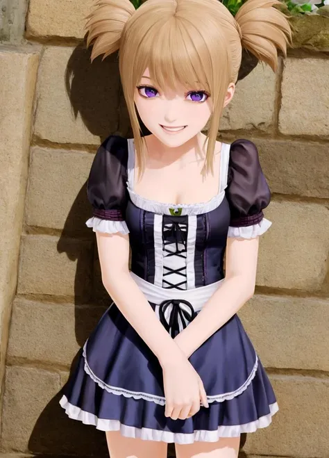 Harem_Hotel_ash, 1girl, solo, purple eyes, smile, blond hair, brown hair, short twintails, dirndl, <lora:Harem_Hotel_ash-10:0.6>,