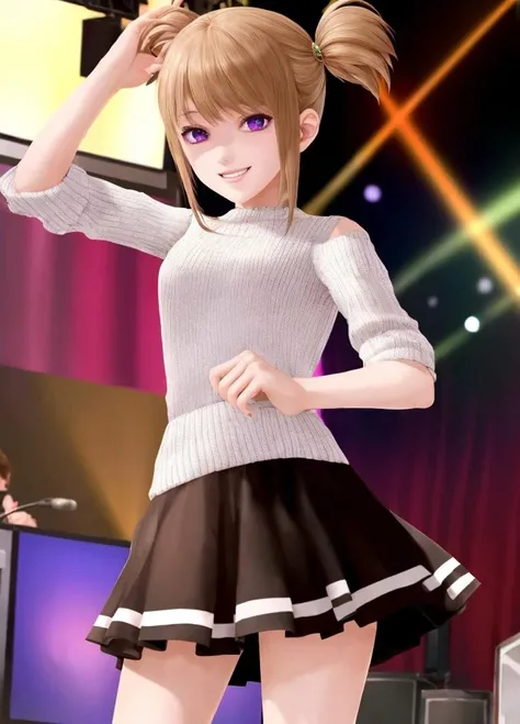 Harem_Hotel_ash, 1girl, solo, purple eyes, smile, blond hair, brown hair, short twintails, Party skirt, stage, dance, <lora:Harem_Hotel_ash-10:0.6>,