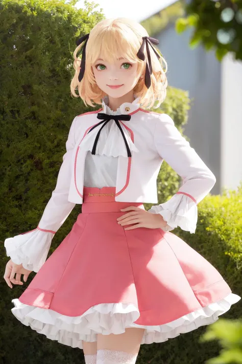 masterpiece, best quality, highres, 1girl anisphia ahoge hair ribbon, pink skirt frilled skirt white jacket cropped jacket white shirt white thighhighs frills black bow neck ribbon black ribbon wide sleeves <lora:anisphia:1> standing, hand on hip, smile, (photorealistic:1.2)