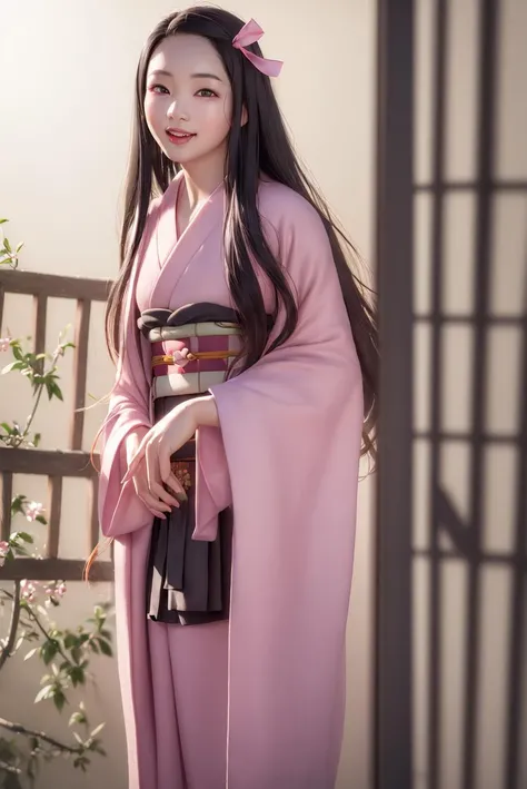 masterpiece, (photorealistic:1.5), realistic eyes, asian woman, best quality, beautiful lighting, professional lighting, photon mapping, radiosity, physically-based rendering,
kamado nezuko, 1girl, black hair, forehead, hair ribbon, japanese clothes, kimono, long hair, multicolored hair, open mouth, pink eyes, pink kimono, pink ribbon, ribbon, smile, very long hair, sky, ((aged up)),
(RAW photo, 8k uhd, film grain) <lora:kamado_nezuko_offset:1> <lora:japaneseDollLikeness_v10:0.3>