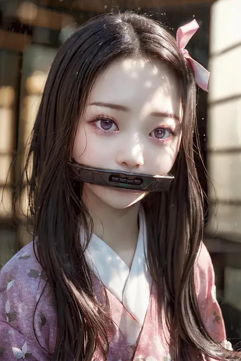 masterpiece, (photorealistic:1.5), realistic eyes, asian woman, best quality, beautiful lighting, professional lighting, photon mapping, radiosity, physically-based rendering,
kamado nezuko, 1girl, black hair, forehead, hair ribbon, japanese clothes, kimono, long hair, multicolored hair, pink eyes, pink kimono, pink ribbon, ribbon, very long hair, bit gag, gagged, sky, ((aged up)),
(RAW photo, 8k uhd, film grain) <lora:kamado_nezuko_offset:1> <lora:JapaneseDollLikeness_v15:1>