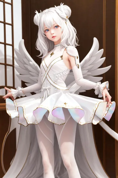 masterpiece, best quality, highres, 1girl le malin muse white hair, white dress clothing cutout white pantyhose skirt bow wrist cuffs frills wings <lora:le_malin_muse:1> photorealistic