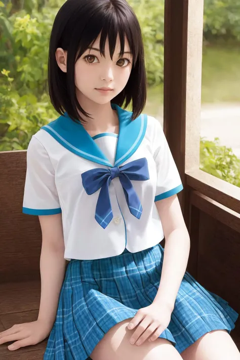 masterpiece, best quality, highres, 1girl yukina himeragi short hair, serafuku blue bow blue skirt plaid skirt <lora:yukina_himeragi:1> sitting, photorealistic