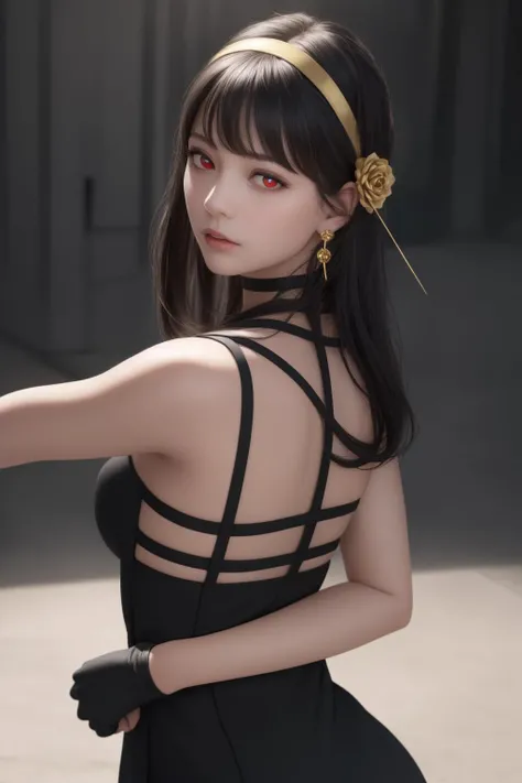 masterpiece, (photorealistic:1.4), best quality, beautiful lighting,
Yor Briar,Yor Forger,1girl,red eyes,glow red eyes,black dress,black hair,long hair, black gloves,gold headband,gold earings,
fighting pose,back background,
RAW photo, 8k uhd, film grain,full body,looking to viwer, <lora:yorbriar:1>