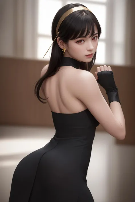 masterpiece, (photorealistic:1.4), best quality, beautiful lighting,
Yor Briar,Yor Forger,1girl,red eyes,glow red eyes,black dress,black hair,long hair, black gloves,gold headband,gold earings,
fighting pose,back background,
RAW photo, 8k uhd, film grain,full body,looking to viwer, <lora:yorbriar:1>