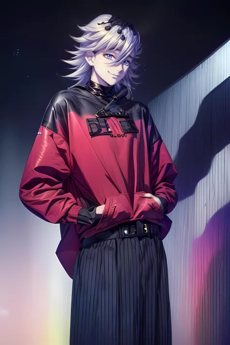 (black gradient background:1.3), (balenciaga logo, balenciaga hoodie, balenciaga:1.4), (hoodie:1.2), oversize fit, (pants:1.1), belt, Douma, 0.8, volumetric lighting, long silver blond hair, blonde hair, (masterpiece:1.2, best quality), (real picture, intricate details), 1man, (shiny skin:1.1), model, cow-boy shot, ((rainbow eyes:1)), smiling, <lora:douma:1>, <lora:balenciaga_66160_lora:1>, <lora:more_details:0.9>, <lora:eyes:0.8>