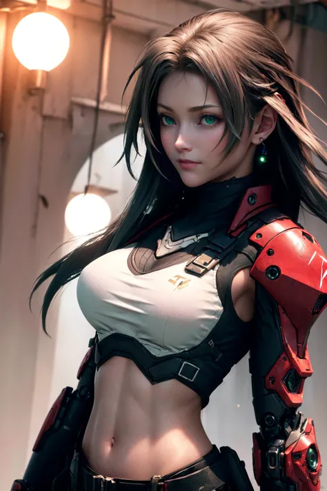 ff7r style, aerith gainsborough, cgmech, beautiful eyes, green eyes, upper body, underboob, portrait, robot, armor, Megumin, neon light, 8K, RAW, best quality, masterpiece, ultra high res, colorful, (medium wide shot), (dynamic perspective), sharp focus , (depth of field, bokeh:1.3), extremely detailed eyes and face, beautiful detailed eyes,large breasts,(black gold, trimmed gear:1.2),(In a futuristic weapons factory:1.2), ((masterpiece, best quality)), <lora:cgmechmix_offset:1><lora:more_details:0.3> Detailed background, spaceship interior <lora:Niji:0.7> <lora:ff7r_style_ned_offset:1>