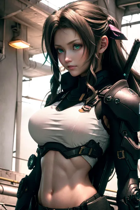 ff7r style, aerith gainsborough, cgmech, beautiful eyes, green eyes, upper body, underboob, portrait, robot, armor, Megumin, neon light, 8K, RAW, best quality, masterpiece, ultra high res, colorful, (medium wide shot), (dynamic perspective), sharp focus , (depth of field, bokeh:1.3), extremely detailed eyes and face, beautiful detailed eyes,large breasts,(black gold, trimmed gear:1.2),(In a futuristic weapons factory:1.2), ((masterpiece, best quality)), <lora:cgmechmix_offset:1><lora:more_details:0.3> Detailed background, spaceship interior <lora:Niji:0.7> <lora:ff7r_style_ned_offset:1>