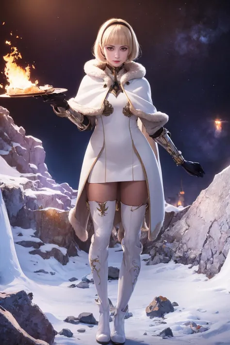 ((masterpiece)), (best quality), official art, extremely detailed CG, unity 8k wallpaper, ultra detailed,
One, 1girl, blonde hair, red eyes, short hair, smirk, thigh boots, pantyhose, white capelet, white cape,
emberstone mines, glowing ember deposits, fiery caverns, rich mineral resources, full body,
<lora:OneDrakenGardV2 - AnyLora:0.8>