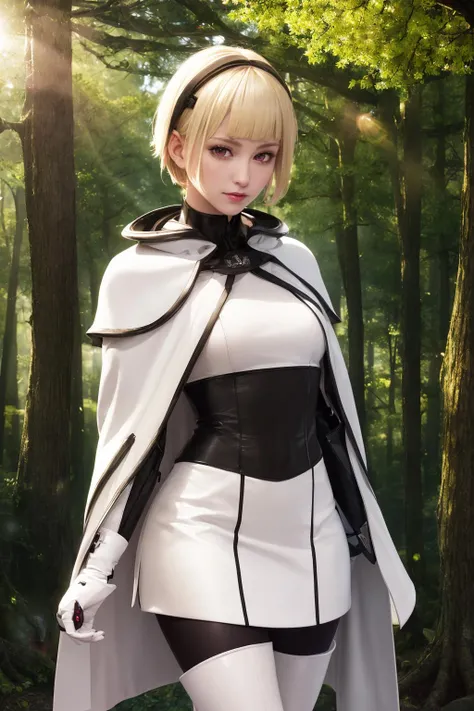 ((masterpiece)), (best quality), official art, extremely detailed CG, unity 8k wallpaper, ultra detailed,
One, 1girl, blonde hair, red eyes, short hair, looking at viewer, smirk, standing, forest, trees, sun, sky, thigh boots, pantyhose, white capelet, white cape,
<lora:OneDrakenGardV2 - AnyLora:0.8>