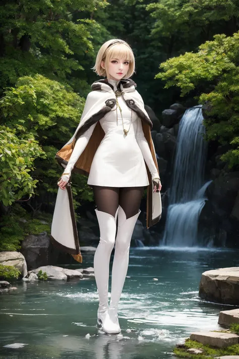 ((masterpiece)), (best quality), official art, extremely detailed CG, unity 8k wallpaper, ultra detailed, 
One, 1girl, blonde hair, red eyes, short hair, smirk, thigh boots, pantyhose, white capelet, white cape,
starlight falls, cascading starlight, ethereal melodies, sacred waterfall, full body,
 <lora:OneDrakenGardV2 - AnyLora:0.8>