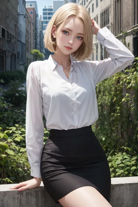 ((masterpiece)), (best quality), official art, extremely detailed CG, unity 8k wallpaper, ultra detailed, 
1girl, android 18, blonde hair, short hair, blue eyes,
office lady, high heels, pencil skirt, cleavage,
smile, navel,
Posing as if surprised by an imaginary friend, ruined cityscape, crumbling buildings, overgrown vegetation, desolate streets,
[upper body],
<lora:android_18:0.8>