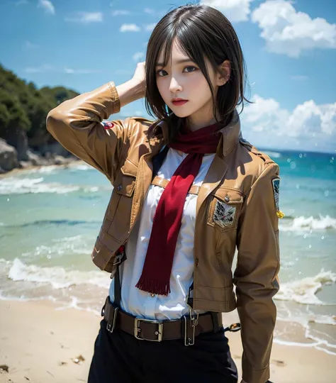 <lora:mikasa_ackerman_v1:1> <lora:JapaneseDollLikeness_v15:1>
masterpiece, best quality, highres, hmmikasa, open jacket,short hair, black eyes, scarf, emblem, belt, thigh strap, red scarf, nude, cowboy shot, standing, on the beach, tall girl, 4k, realistic (photorealistic:1.5), beautiful lighting, detailed face, angry face