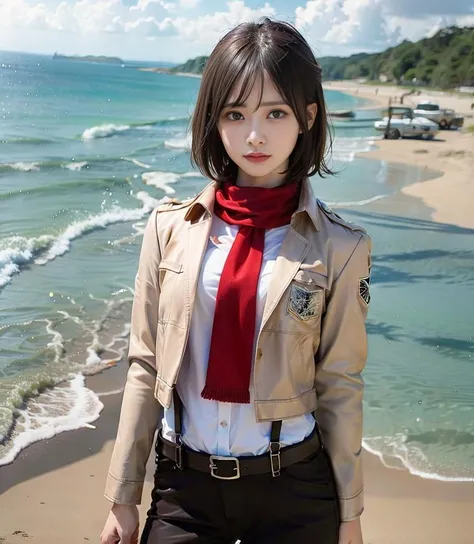 <lora:mikasa_ackerman_v1:1> <lora:JapaneseDollLikeness_v15:1>
masterpiece, best quality, highres, hmmikasa, open jacket,short hair, black eyes, scarf, emblem, belt, thigh strap, red scarf, nude, cowboy shot, standing, on the beach, tall girl, 4k, realistic (photorealistic:1.5), beautiful lighting, detailed face, angry face