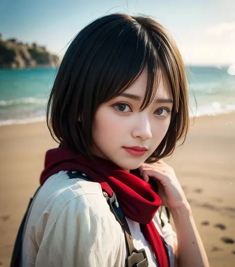 <lora:mikasa_ackerman_v1:1> <lora:JapaneseDollLikeness_v15:1>,
masterpiece,best quality,highres,hmmikasa,open jacket,short hair,black eyes,scarf,emblem,belt,thigh strap,red scarf,nude,cowboy shot,on the beach,tall girl,4k,realistic (photorealistic:1.5),beautiful lighting,detailed face,(setting,barefoot,beautiful and detailed face:1.3),
