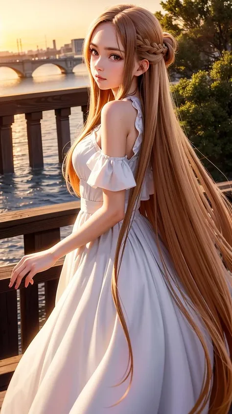 masterpiece, best quality, long hair, brown hair, braids, brown eyes, bare shoulders, white dress, dress, from the side, sunset, bridge,(masterpiece:1,2), best quality, masterpiece, highres, original, extremely detailed wallpaper, perfect lighting,(extremely detailed CG:1.2),<lora:asuna_(sao)_v1:0.7>