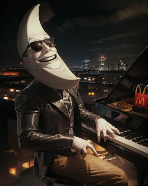 masterpiece, best quality, 1boy, mactonight, white face, solo, black suit, sitting, sunglasses , night, city lights, star_\(sky\), white gloves, playing piano, grand piano, mcdonald's, rooftop, nightclub, <lora:mactonight:1>, photorealistic, puppet <lora:classic_piano:1>