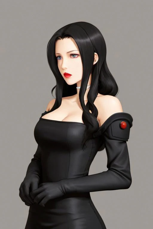 1girl, female focus, solo, simple background, black hair, long hair, wavy hair, purple eyes, closed mouth, lipstick, black dress, tight dress, breasts, Lust (Fullmetal Alchemist Brotherhood), upper body, Halfbody, Tellius-Style, FE10-Style, Vanilla Fire Emblem, No Frames