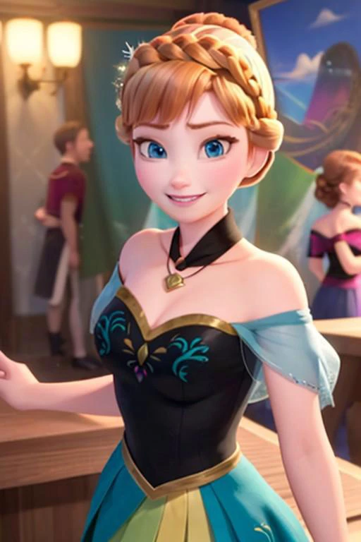 (masterpiece:1.4), (best qualit:1.4), (high resolution:1.4), anna of arendelle, blue eyes, bare shoulder, black bodice, green skirt, necklace, updo, looking at viewer, smile, <lora:anna_of_arendelle_v22o:1>
