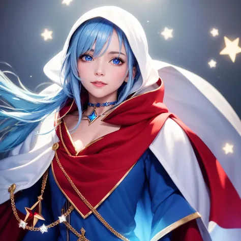 1girl, solo, masterpiece, best quality, white hood, blue hair, red cape, starry cape, realistic:1.3, looking at camera, head-on view, necklace with magic gem choker, light smile, magic robe, blue eyes, vibrant, colorful, medium breasts,