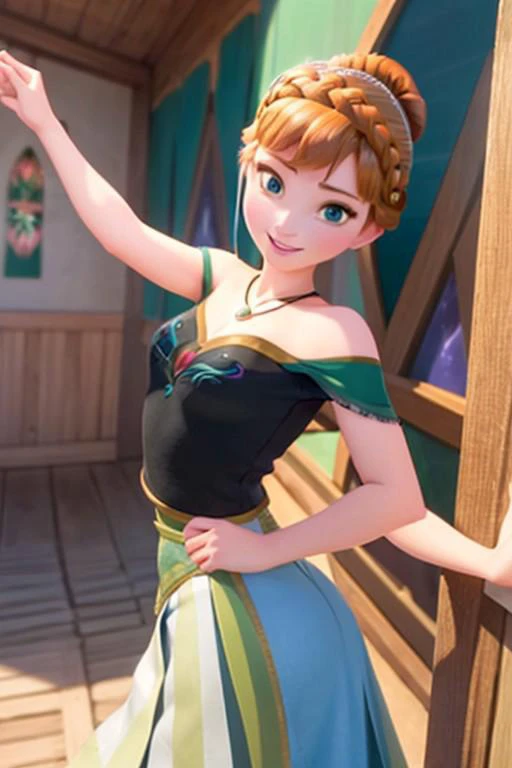 (masterpiece:1.4), (best qualit:1.4), (high resolution:1.4), anna of arendelle, blue eyes, bare shoulder, black bodice, green skirt, necklace, updo, looking at viewer, smile, <lora:anna_of_arendelle_v22o:1>