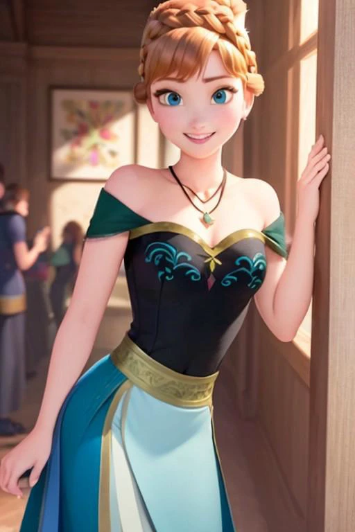 (masterpiece:1.4), (best qualit:1.4), (high resolution:1.4), anna of arendelle, blue eyes, bare shoulder, black bodice, green skirt, necklace, updo, looking at viewer, smile, <lora:anna_of_arendelle_v22o:1>