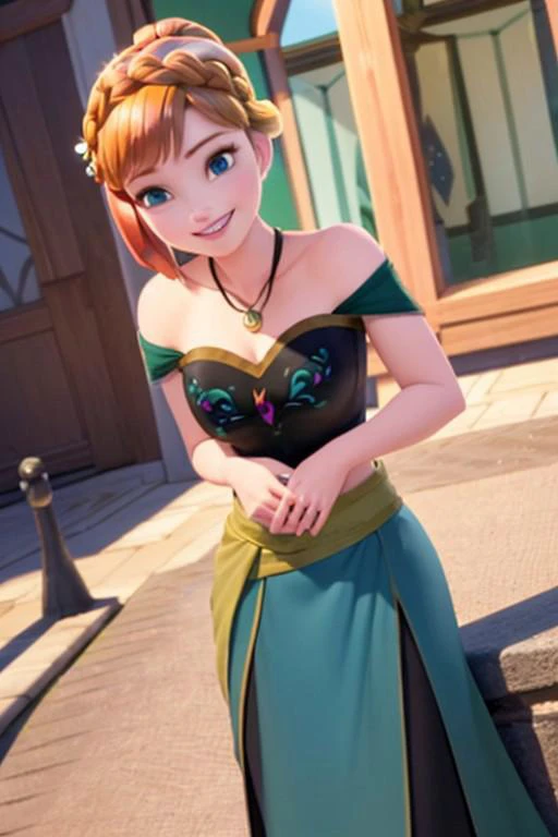 (masterpiece:1.4), (best qualit:1.4), (high resolution:1.4), anna of arendelle, blue eyes, bare shoulder, black bodice, green skirt, necklace, updo, looking at viewer, smile, <lora:anna_of_arendelle_v22o:1>
