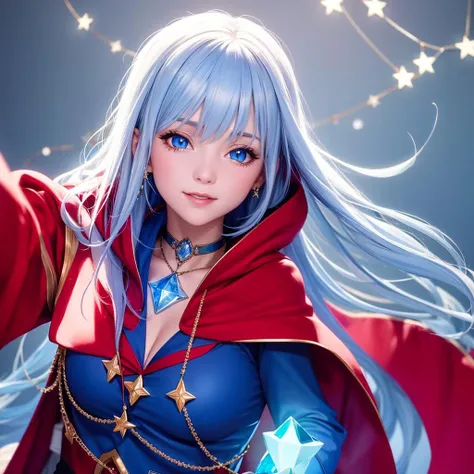 1girl, solo, masterpiece, best quality, white hood, blue hair, red cape, starry cape, realistic:1.3, looking at camera, head-on view, necklace with magic gem choker, light smile, magic robe, blue eyes, vibrant, colorful, large breasts,