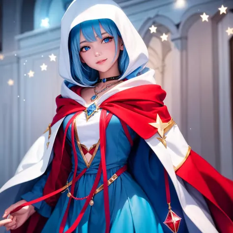 1girl, solo, masterpiece, best quality, white hood, blue hair, red cape, starry cape, realistic:1.3, looking at camera, head-on view, necklace with magic gem choker, light smile, magic robe, blue eyes, vibrant, colorful, large breasts,