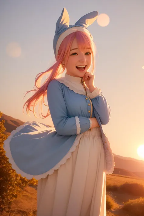 (by Beatrix Potter:1.2) and Loish, whimsical art, golden hour shot of, Nerdy skinny (Female Wraith:1.2) , laughing hysterically, looking up, the Wraith has Pink hair styled as Shag, Wide view, Destructive Art, Motion blur, Depth of field 270mm, Warm light, sunset/sunrise, magical, funny, creative